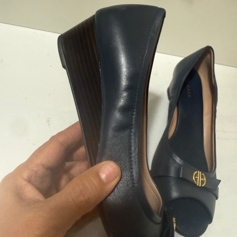 Cole Haan Women's Navy Peep-Toe Flats with Gold Accent - Picture 5 of 16